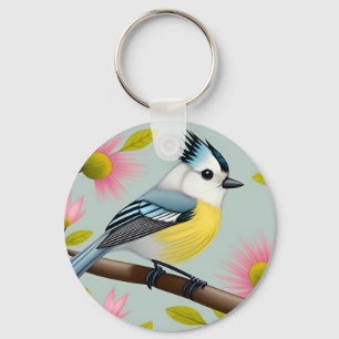 Colourful Bird on Branch Framed with Flowers Key Ring