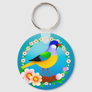 Colourful Bird on Branch Framed with Flowers Key Ring