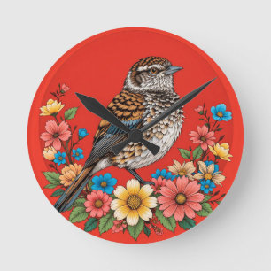 Colourful Bird on Branch Framed with Flowers Round Clock