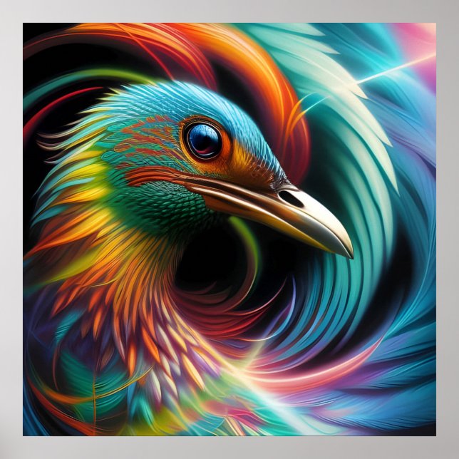 Colourful bird peacock swirling feathers poster (Front)
