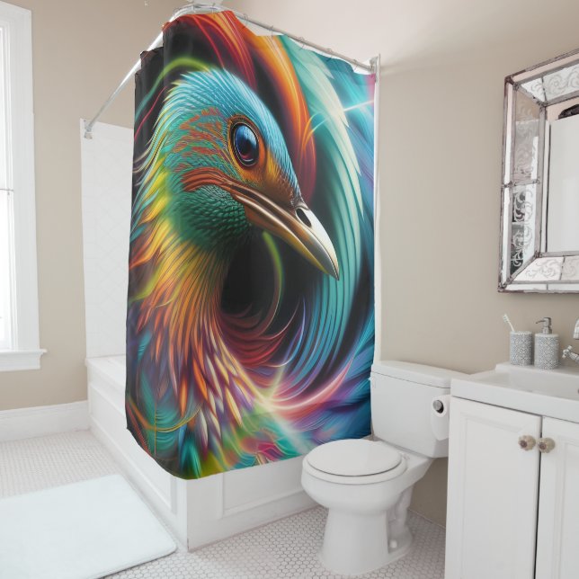 Colourful bird peacock swirling feathers shower curtain (In Situ)