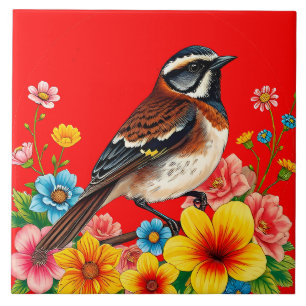 Colourful Bird Perched Among Flowers Ceramic Tile
