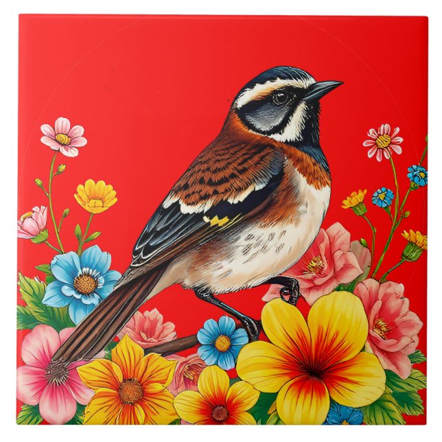 Colourful Bird Perched Among Flowers Ceramic Tile (Front)