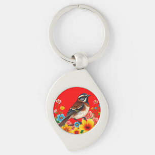 Colourful Bird Perched Among Flowers Key Ring