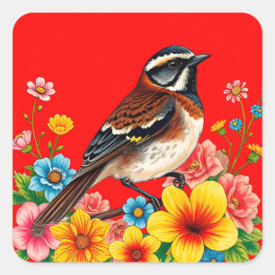 Colourful Bird Perched Among Flowers Square Sticker