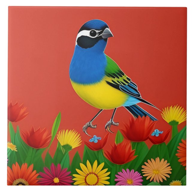 Colourful Bird Perched Among Vibrant Flowers Ceramic Tile (Front)