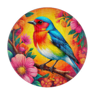 Colourful Bird Perched Among Vibrant Flowers Cutting Board