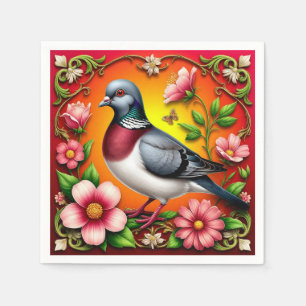 Colourful Bird Perched Among Vibrant Flowers Napkin