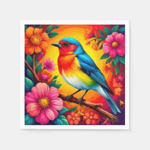 Colourful Bird Perched Among Vibrant Flowers Napkin