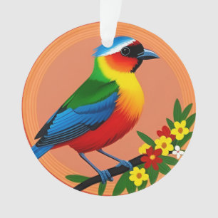 Colourful Bird Perched Among Vibrant Flowers Ornament