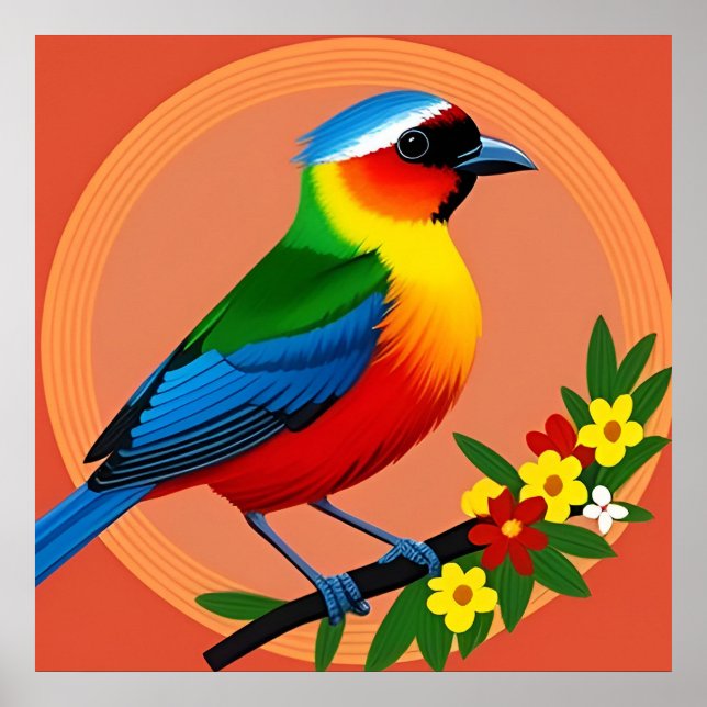 Colourful Bird Perched Among Vibrant Flowers Poster (Front)