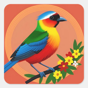 Colourful Bird Perched Among Vibrant Flowers Square Sticker