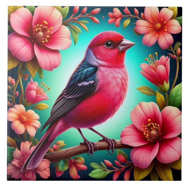 Colourful Bird Perched on Branch Ceramic Tile (Front)