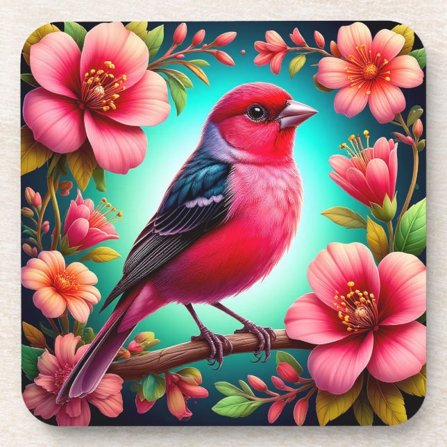 Colourful Bird Perched on Branch Coaster (Front)