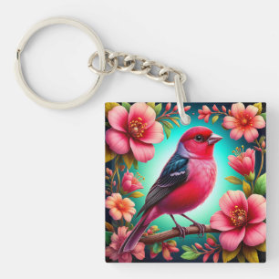 Colourful Bird Perched on Branch Key Ring