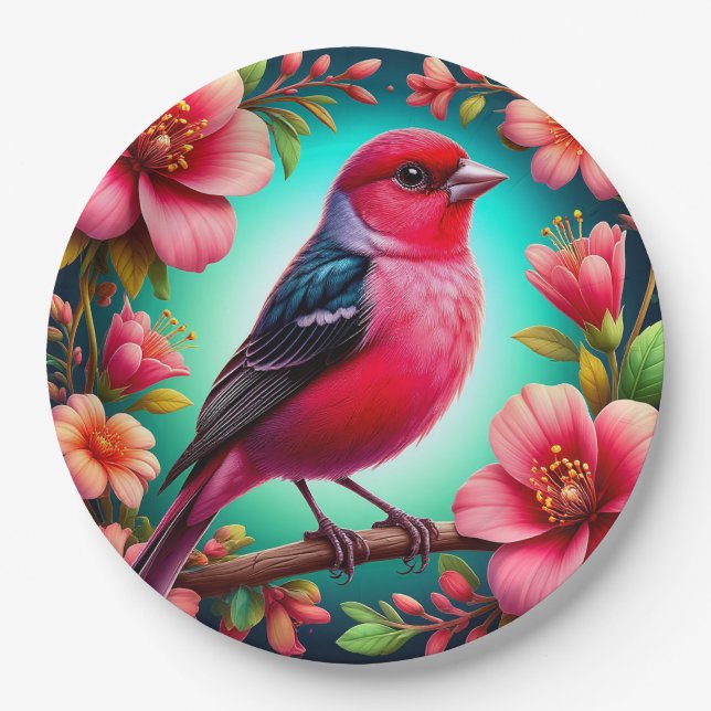 Colourful Bird Perched on Branch Paper Plate (Front)