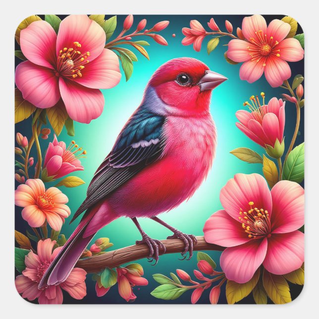 Colourful Bird Perched on Branch Square Sticker (Front)