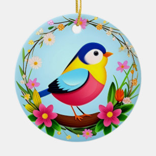 Colourful Bird Surrounded by Flower Wreath Ceramic Ornament
