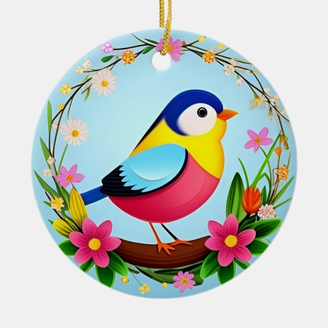 Colourful Bird Surrounded by Flower Wreath Ceramic Ornament (Front)