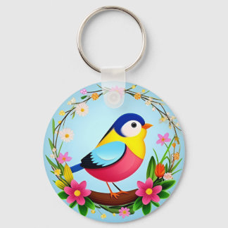 Colourful Bird Surrounded by Flower Wreath Key Ring