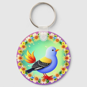 Colourful Bird Surrounded by Flower Wreath Key Ring