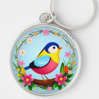 Colourful Bird Surrounded by Flower Wreath Key Ring