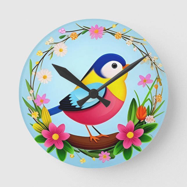 Colourful Bird Surrounded by Flower Wreath Round Clock (Front)