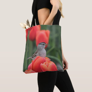 Colourful Bird & Tulip Flowers Tote Bag