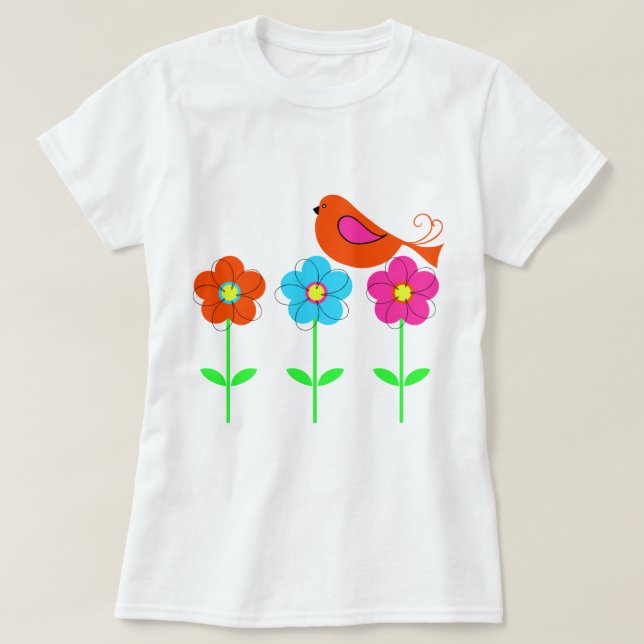 colourful bird with colourful flowers T-Shirt (Design Front)