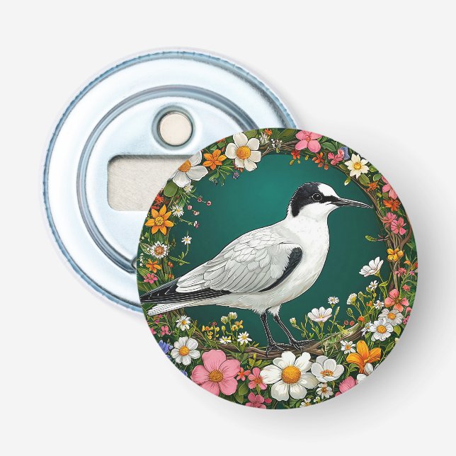 Colourful Bird with Floral Frame Bottle Opener (Front)