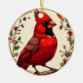 Colourful Bird with Floral Frame Ceramic Ornament