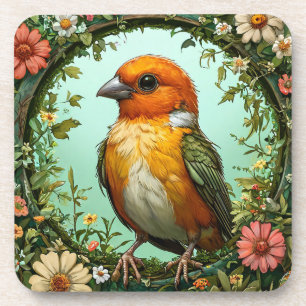 Colourful Bird with Floral Frame Coaster