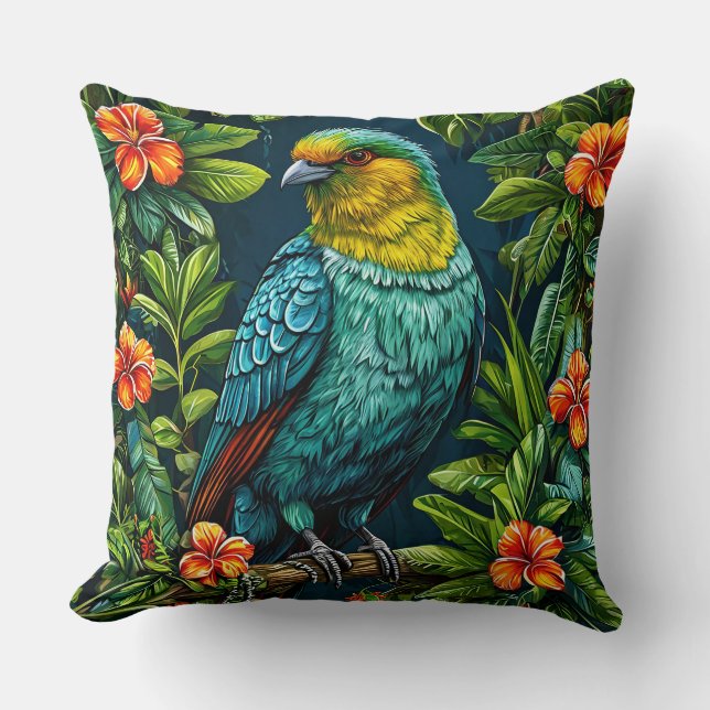 Colourful Bird with Floral Frame Cushion (Front)
