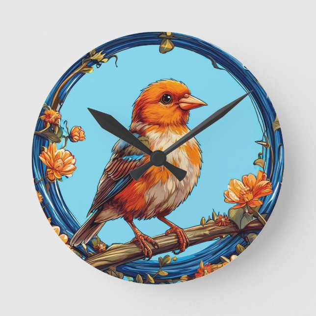 Colourful Bird with Floral Frame Round Clock (Front)