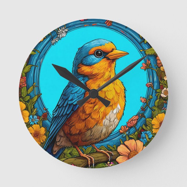 Colourful Bird with Floral Frame Round Clock (Front)
