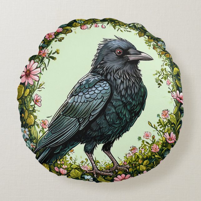 Colourful Bird with Floral Frame Round Cushion (Front)