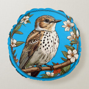 Colourful Bird with Floral Frame Round Cushion