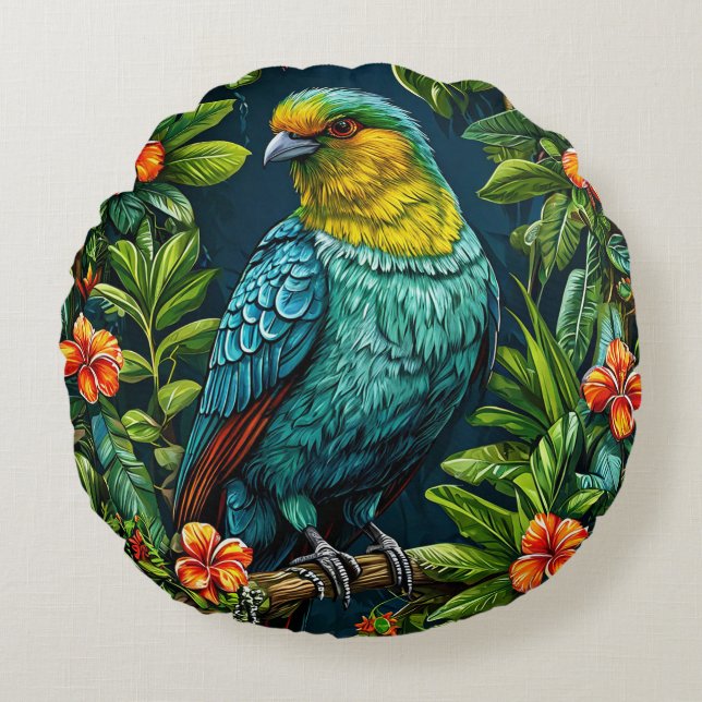 Colourful Bird with Floral Frame Round Cushion (Front)