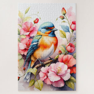 Colourful Bird with Pink Flowers Botanical Jigsaw Puzzle