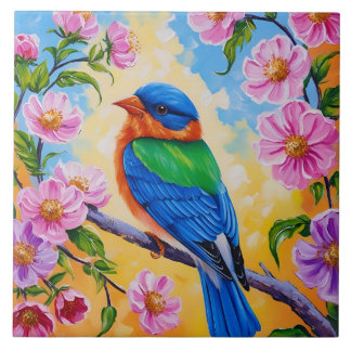 Colourful Bird with Pink Wild Roses Nature  Ceramic Tile