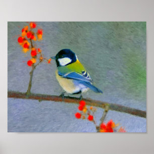 Colourful bird with red/orange flowers poster