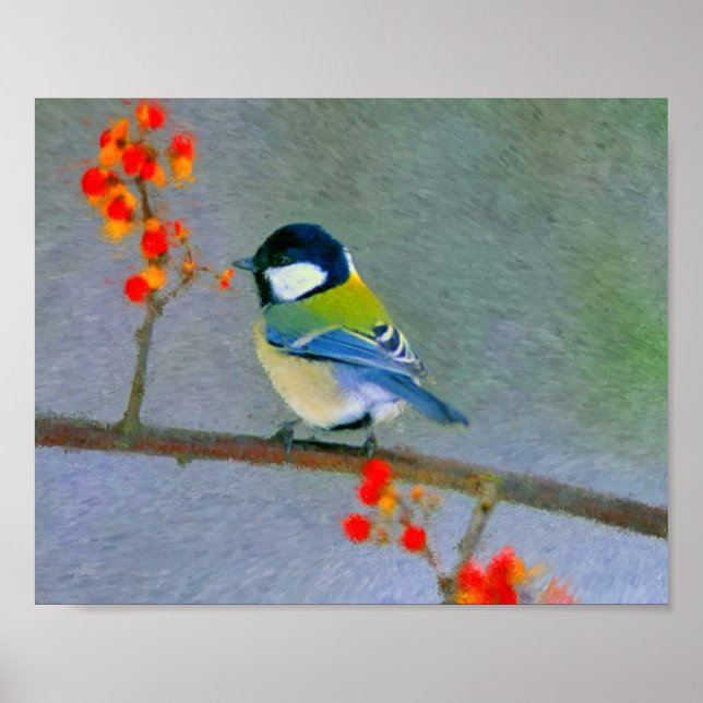 Colourful bird with red/orange flowers poster (Front)