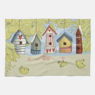 Colourful Birdhouses Kitchen Towel, Horizontal Tea Towel