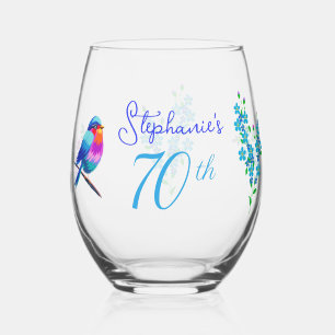 Colourful Birdie Forget Me Not Floral 70th Birthda Stemless Wine Glass