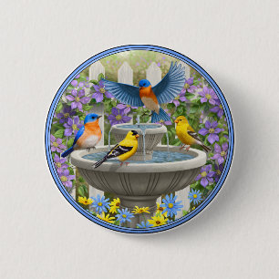 Colourful Birds and Bird Bath Flower Garden 6 Cm Round Badge