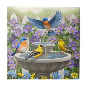 Colourful Birds and Bird Bath Flower Garden Ceramic Tile