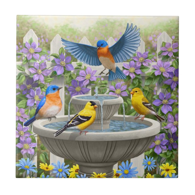 Colourful Birds and Bird Bath Flower Garden Ceramic Tile (Front)