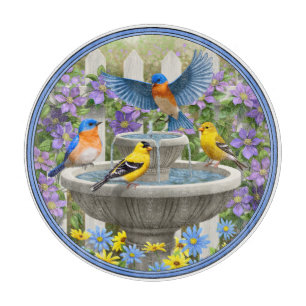 Colourful Birds and Bird Bath Flower Garden Cutting Board