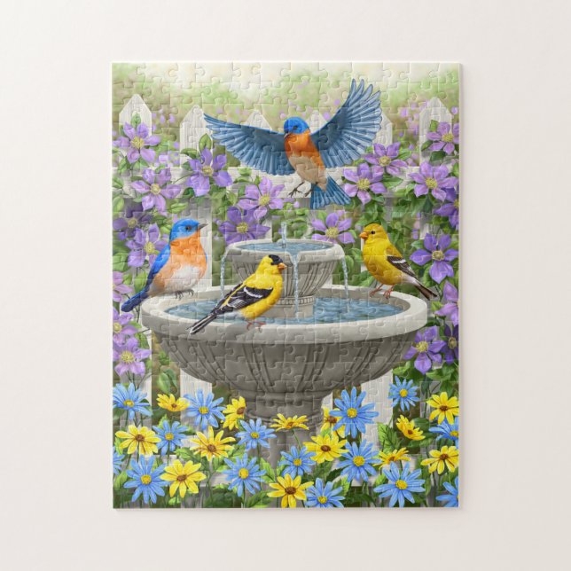 Colourful Birds and Bird Bath Flower Garden Jigsaw Puzzle (Vertical)