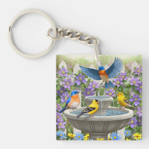 Colourful Birds and Bird Bath Flower Garden Key Ring